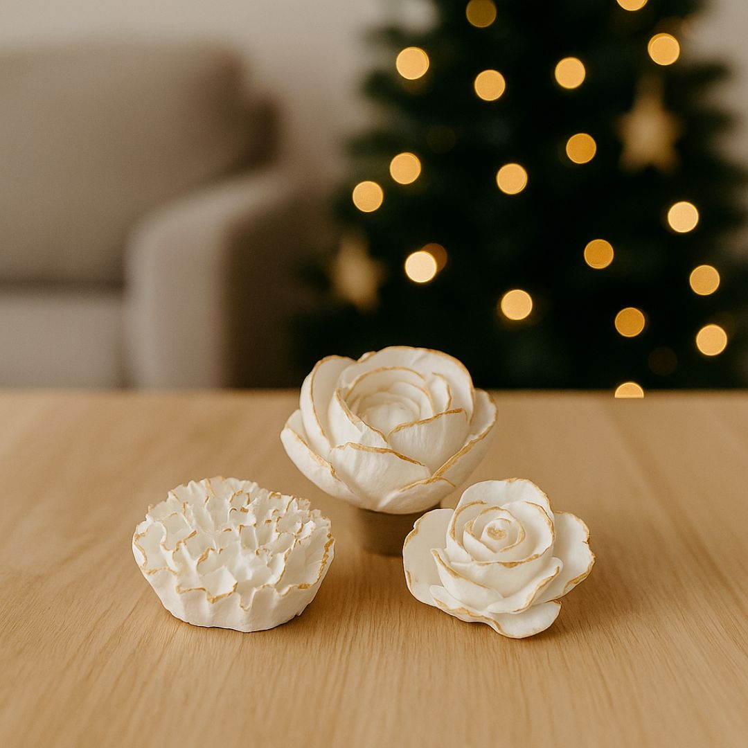 3er Set Goldene Winterblüten - Rose, Nelke, Pfingstrose