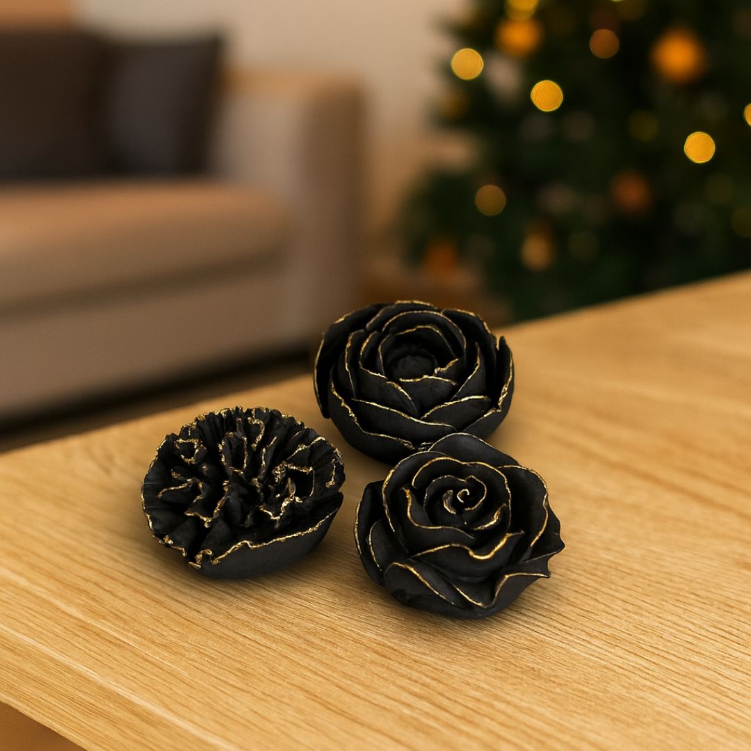 3er Set Goldene Winterblüten - Rose, Nelke, Pfingstrose