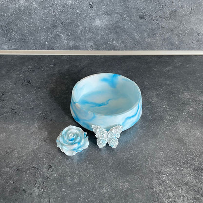 Set - Runde Schale mit Rose und Schmetterling marmoriert