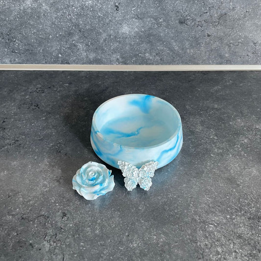Set - Runde Schale mit Rose und Schmetterling marmoriert