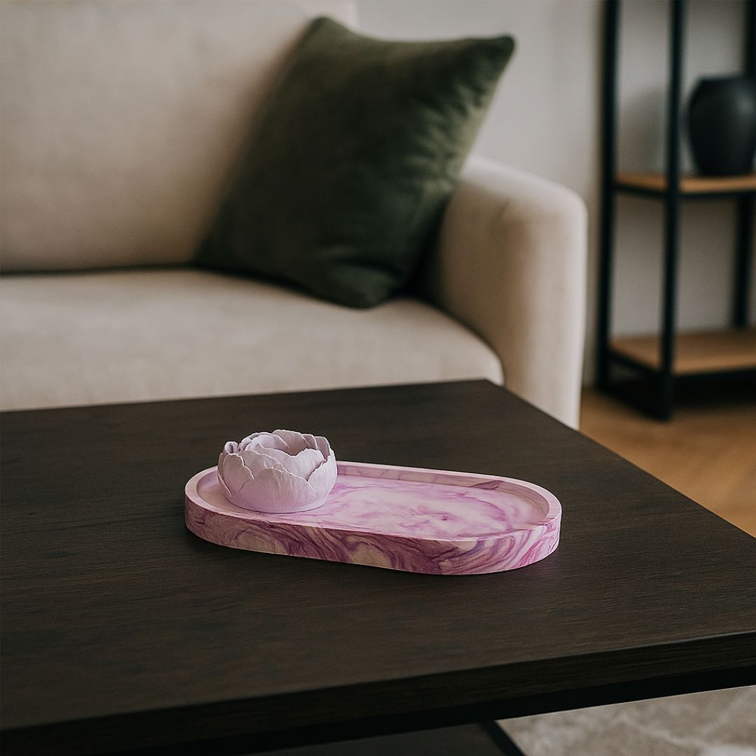 Set - Ovale Platte mit Pfingstrose marmoriert